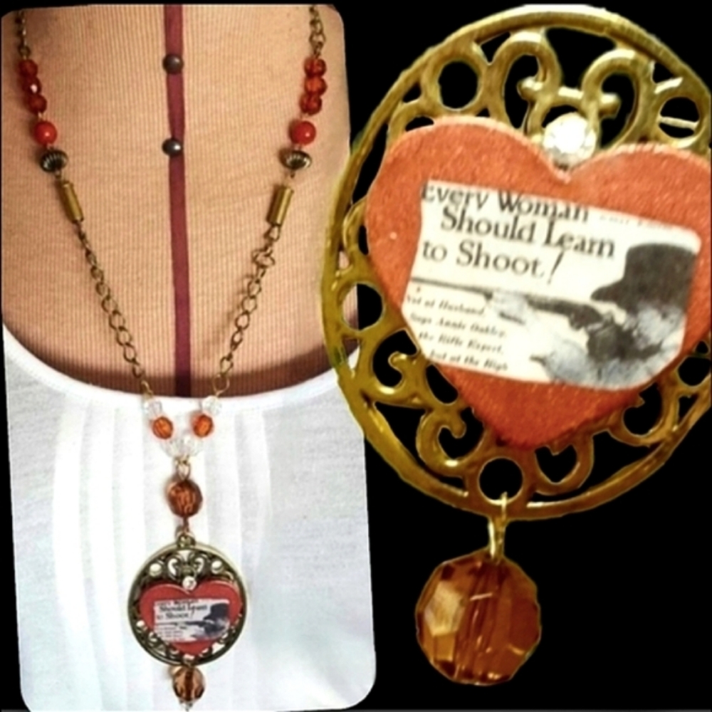 Annie Oakley shoot your husband graphics Brass 22 bullet casing necklace NWT